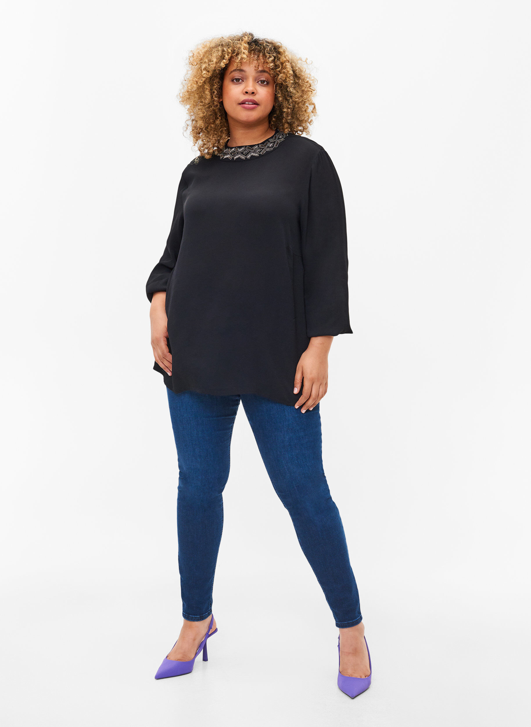 Zizzifashion Long-sleeved viscose blouse with pearls, Black, Model image number 3