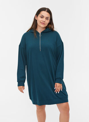 Sweat dress with hood and zipper, Reflecting Pond, Model image number 0