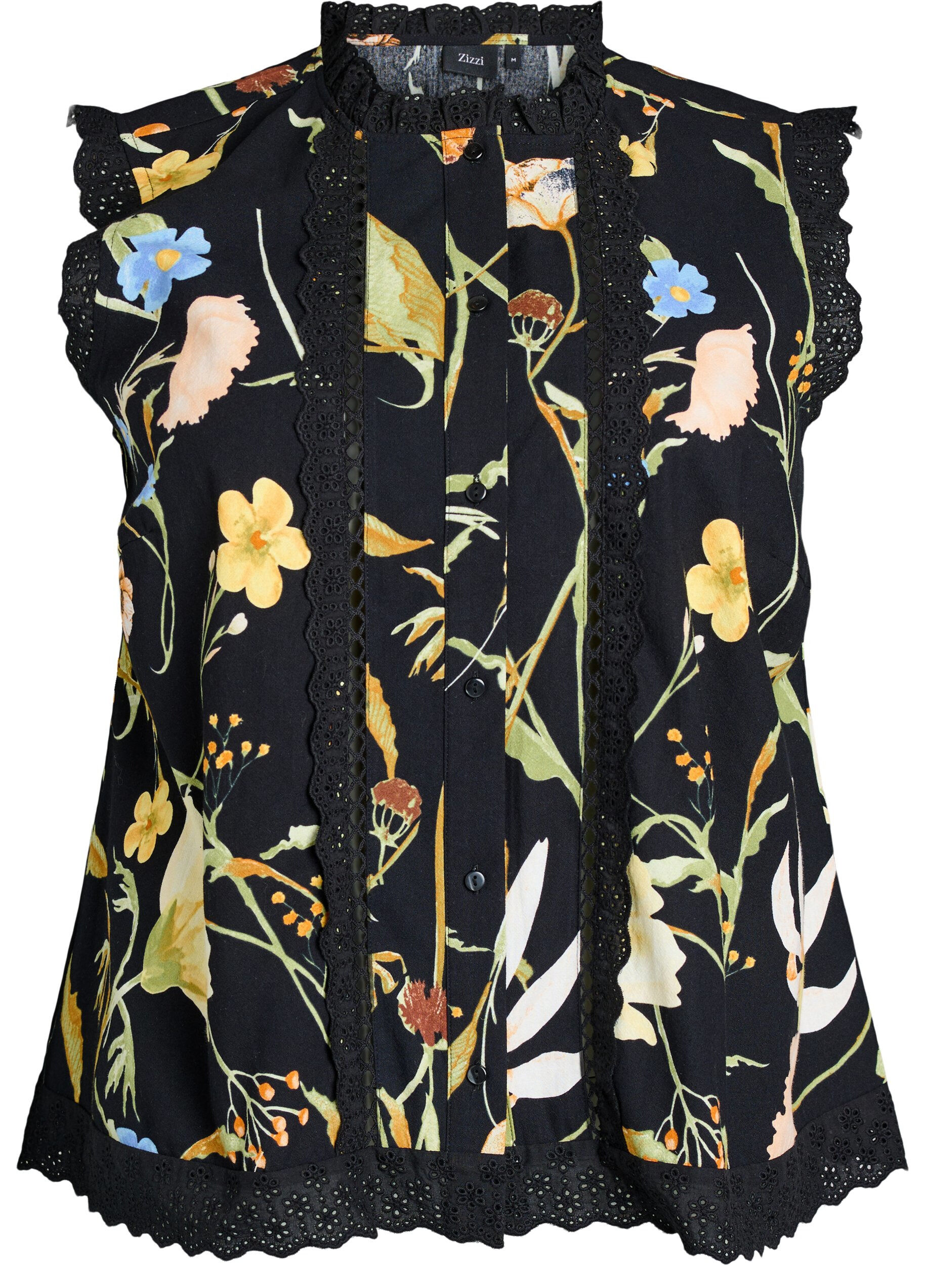 Zizzifashion Sleeveless cotton blouse with floral print and broderie anglaise, Black, Packshot image number 0