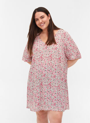 Viscose tunic with print and short sleeves, Pink Ditsy AOP, Model image number 0