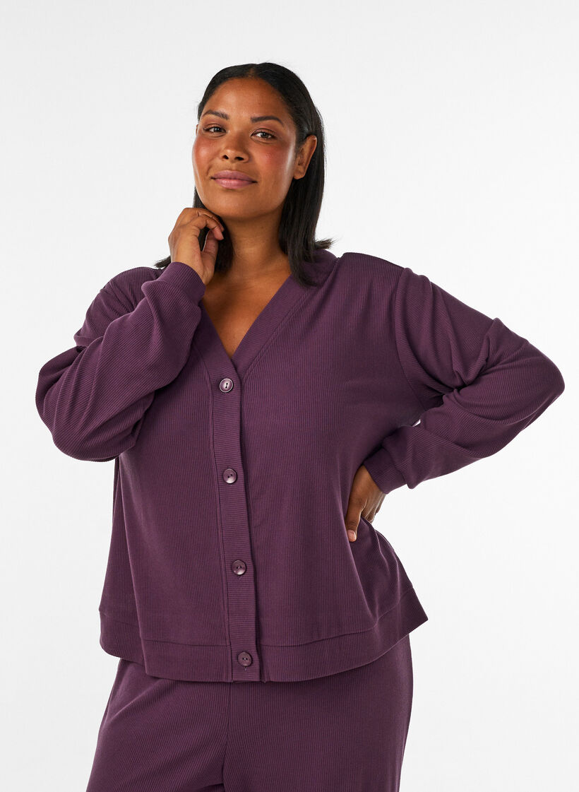 Ribbed jersey cardigan with V-neck, Purple, Model image number 0
