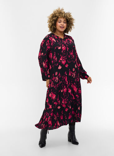 Printed viscose midi dress with buttons, Black Pink AOP, Model image number 0