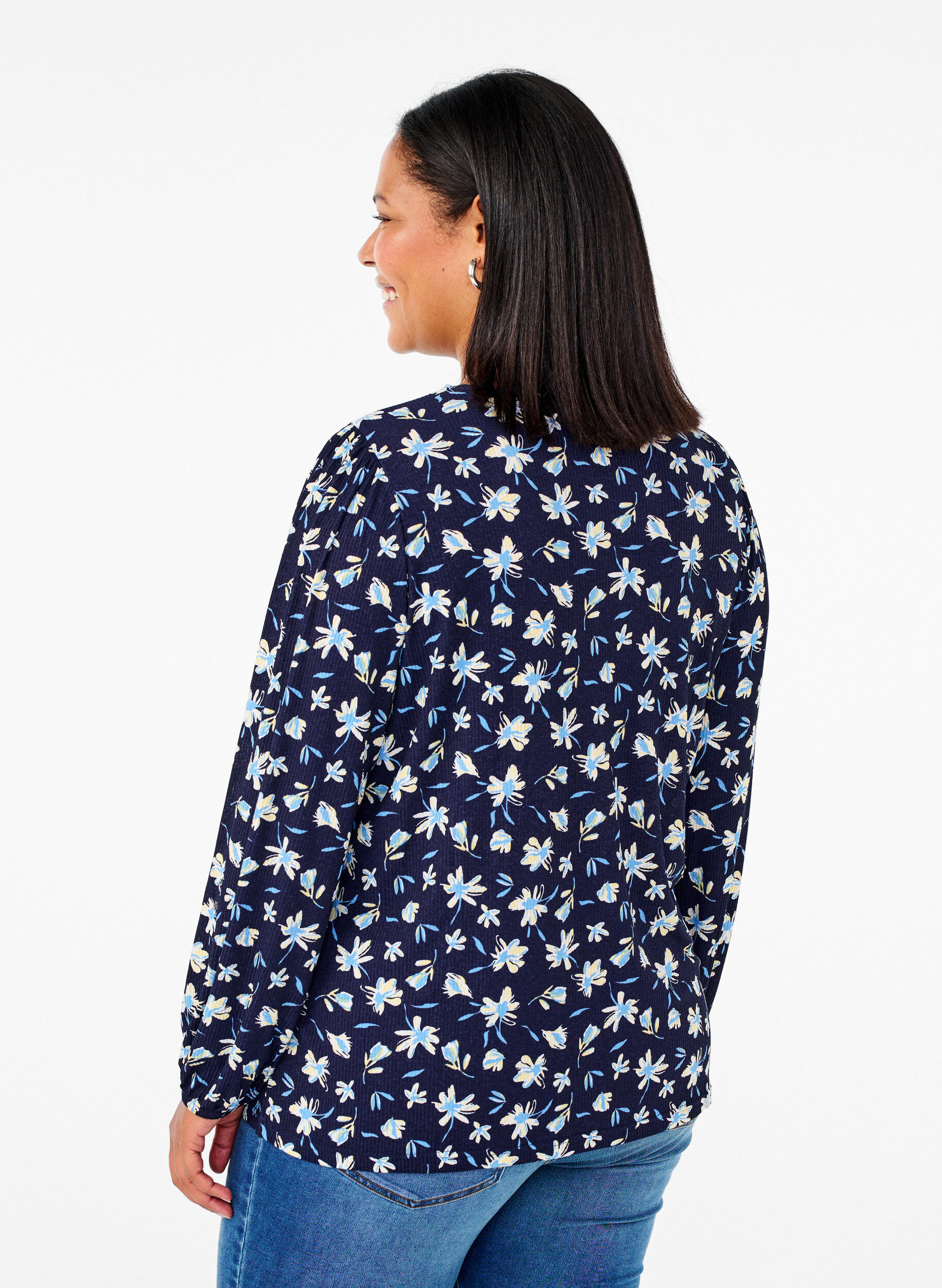 Zizzifashion Blouse with long sleeves and floral print, Blue, Model image number 2
