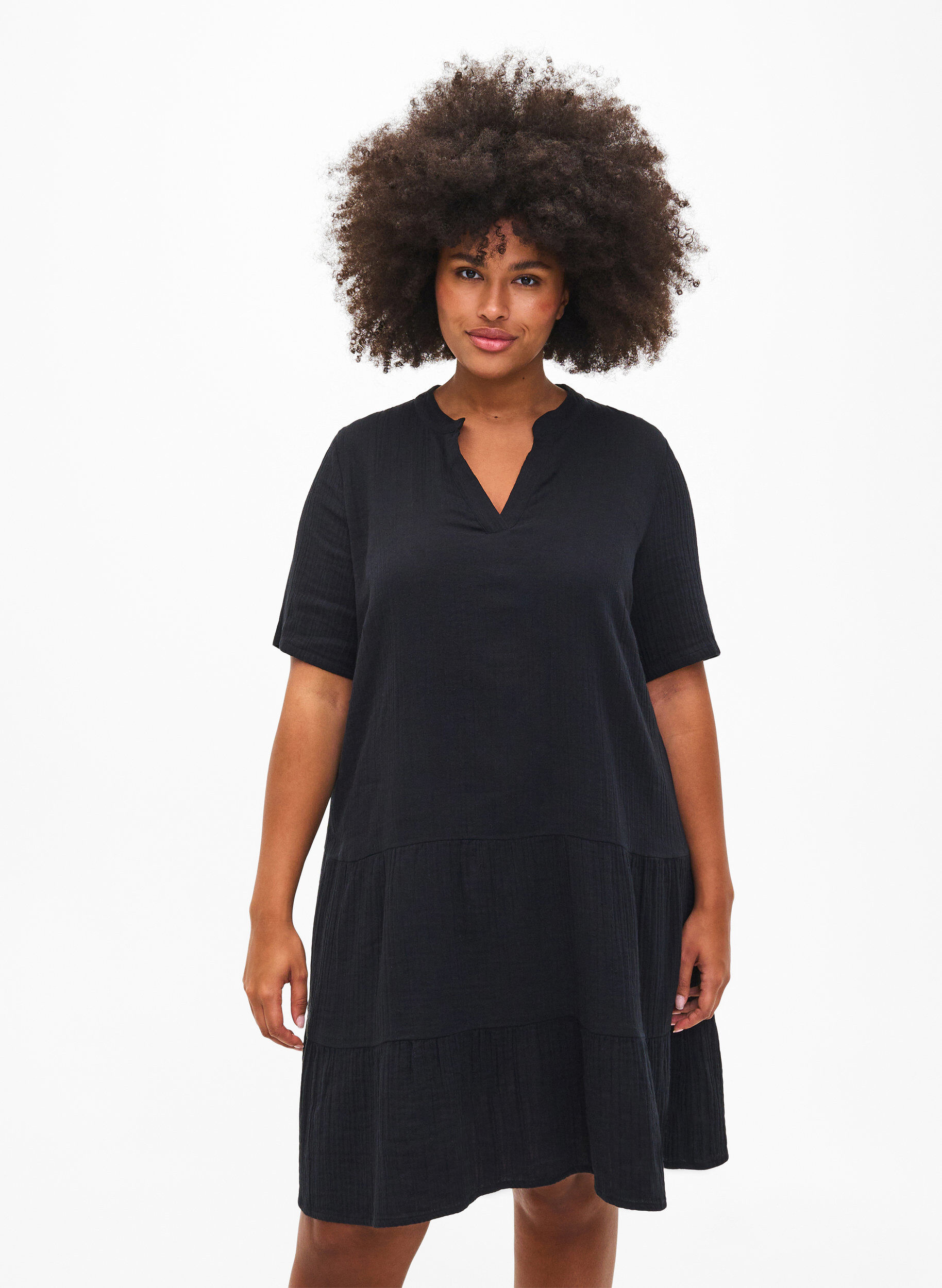 Zizzifashion Short sleeve dress in 100% cotton, Black, Model image number 2