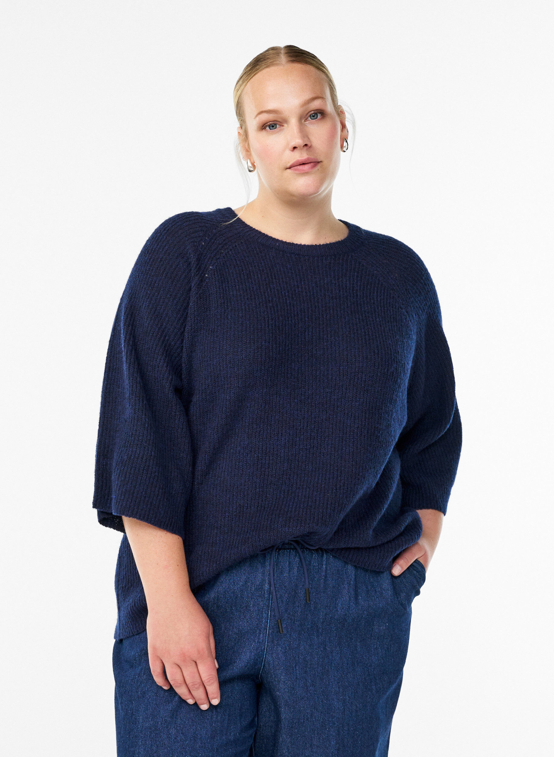 ZizzifashionRibbed jumper with 3/4 sleeves, Blue, Model image number 0