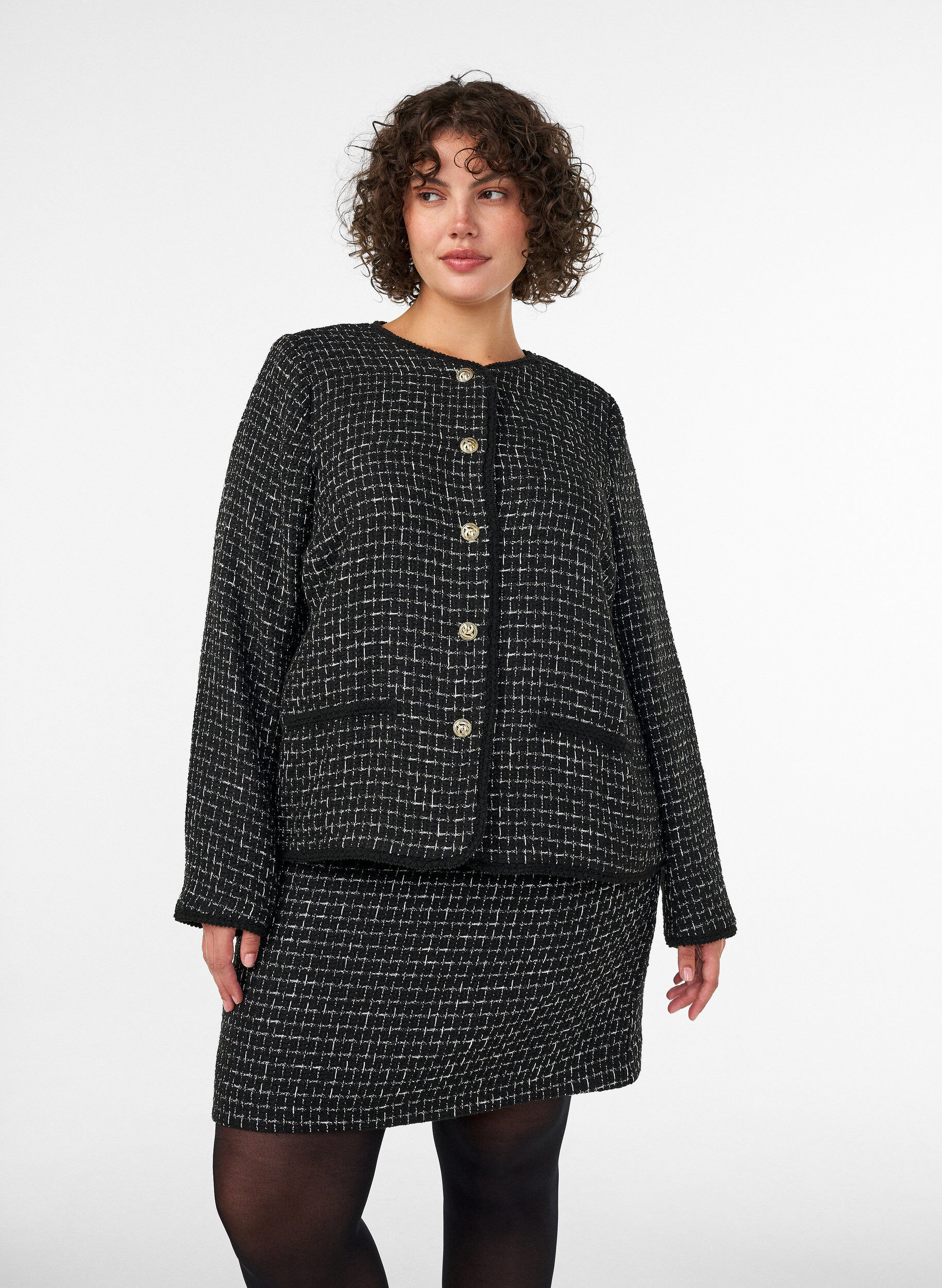 ZizzifashionShort boucl&eacute; skirt, Black, Model image number 0
