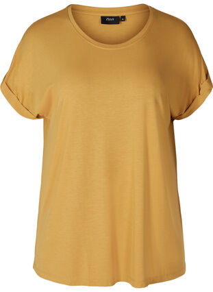 Round neck t-shirt made from a viscose mix, Honey Mustard , Packshot image number 0