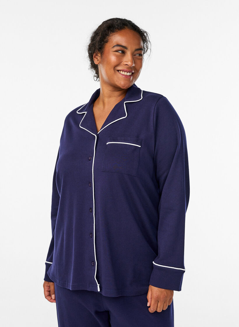 Cotton pyjama shirt with chest pocket, Blue, Model image number 0