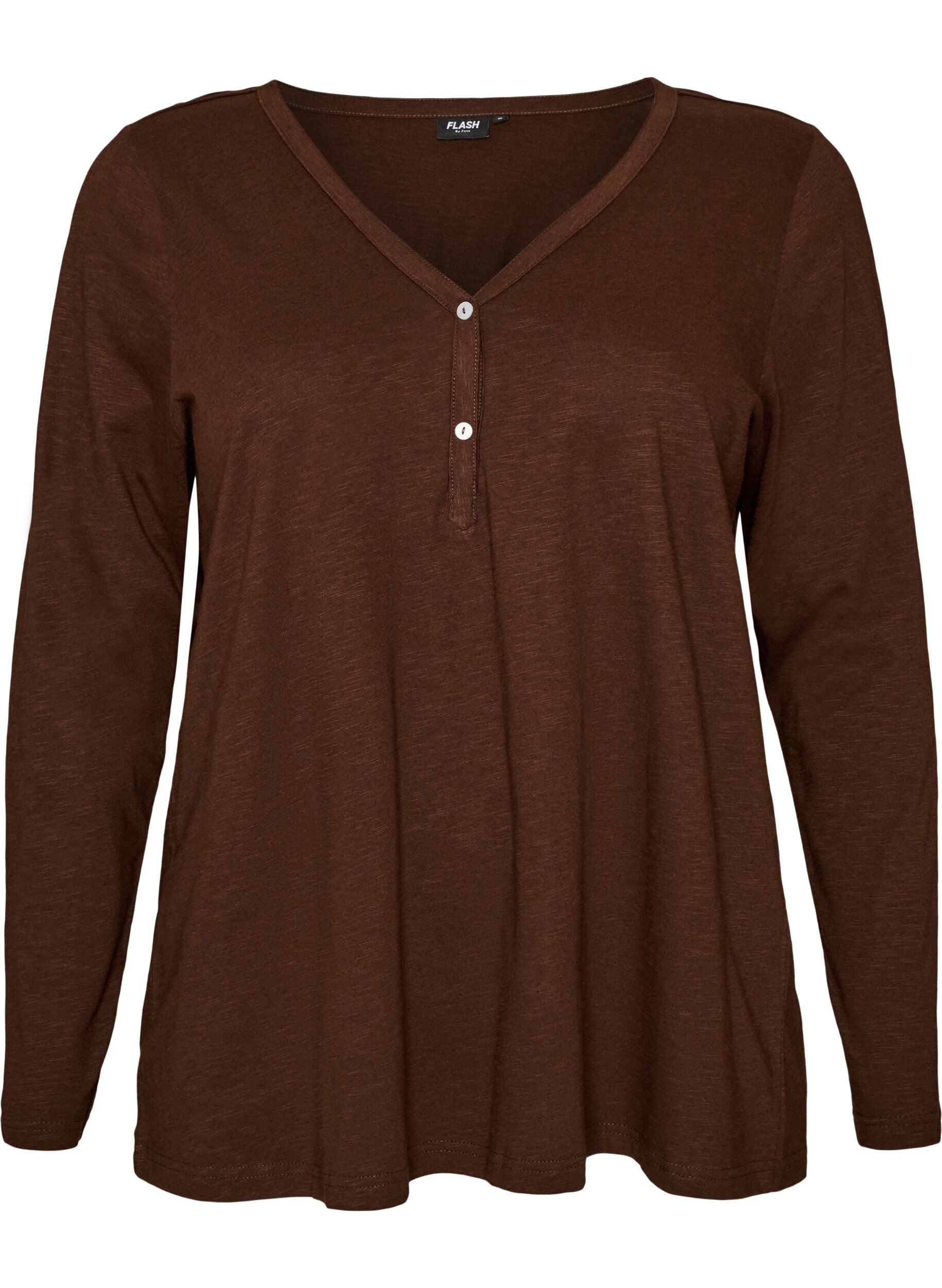 ZizzifashionLong-sleeved t-shirt with V-neck and buttons, Brown, Packshot image number 0