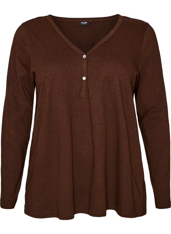 Long-sleeved t-shirt with V-neck and buttons, Brown, Packshot image number 0