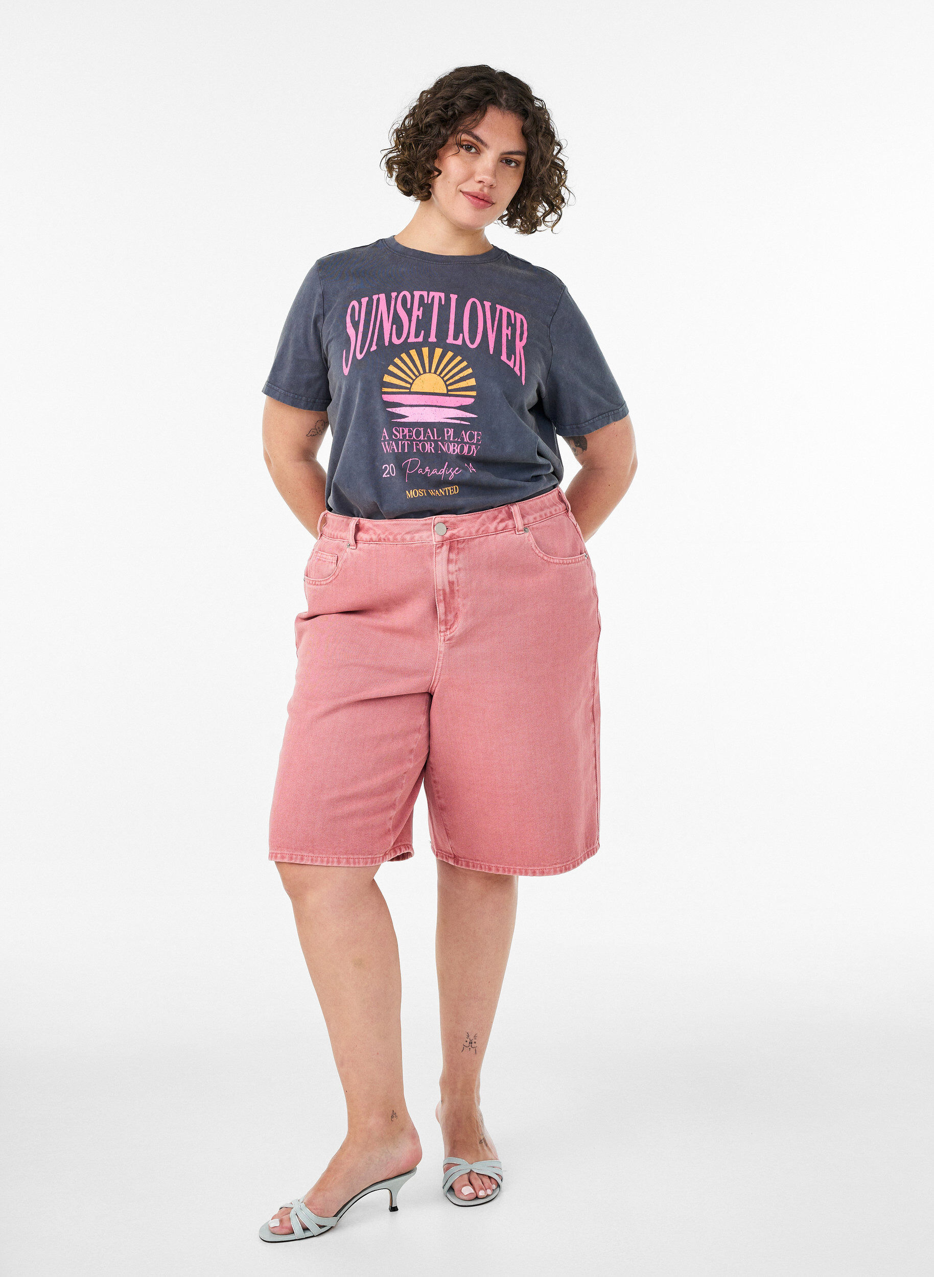 Zizzifashion Cotton T-shirt with front print and a washed look, Grey, Model image number 1