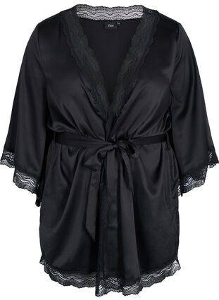 Dressing gown with lace details and 3/4-length sleeves, Black, Packshot image number 0