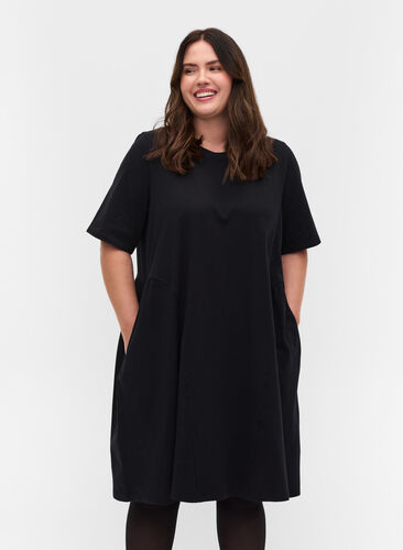 Short sleeve cotton dress with pleated skirt, Black, Model image number 0
