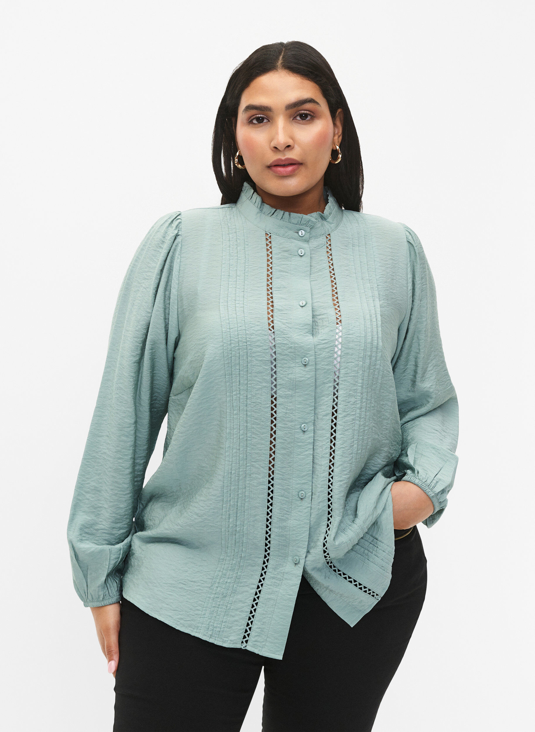 Zizzifashion Viscose shirt blouse with ruffle collar, Chinois Green, Model image number 0