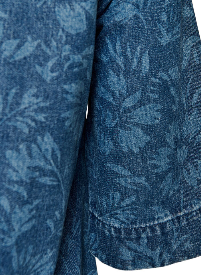 Denim dress with floral print and chest pockets, Blue, Packshot image number 3