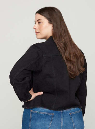 Short denim jacket with frayed hem, Black, Model image number 1