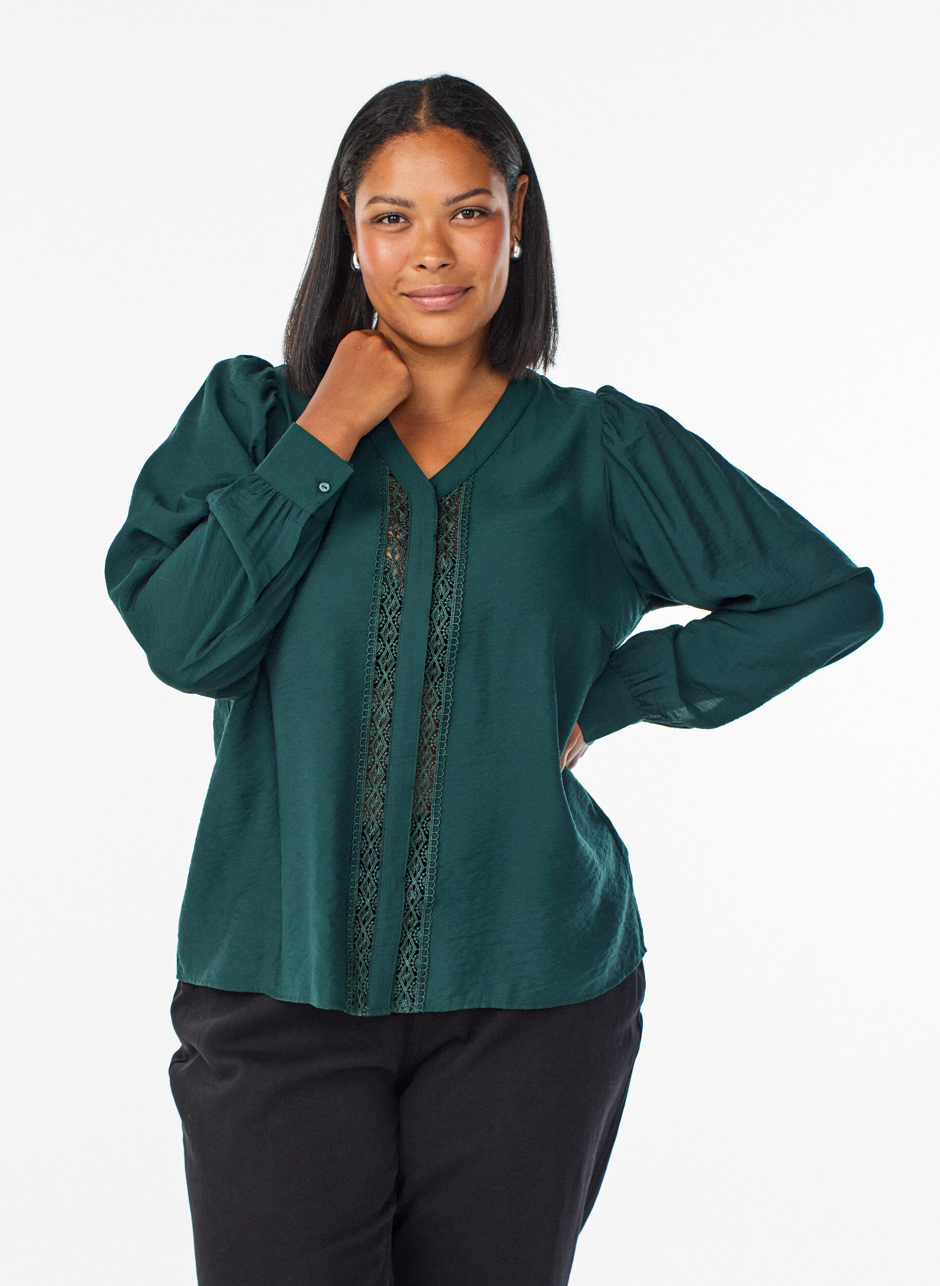 Blouse with V-neck and embroidered bands, Green, Model
