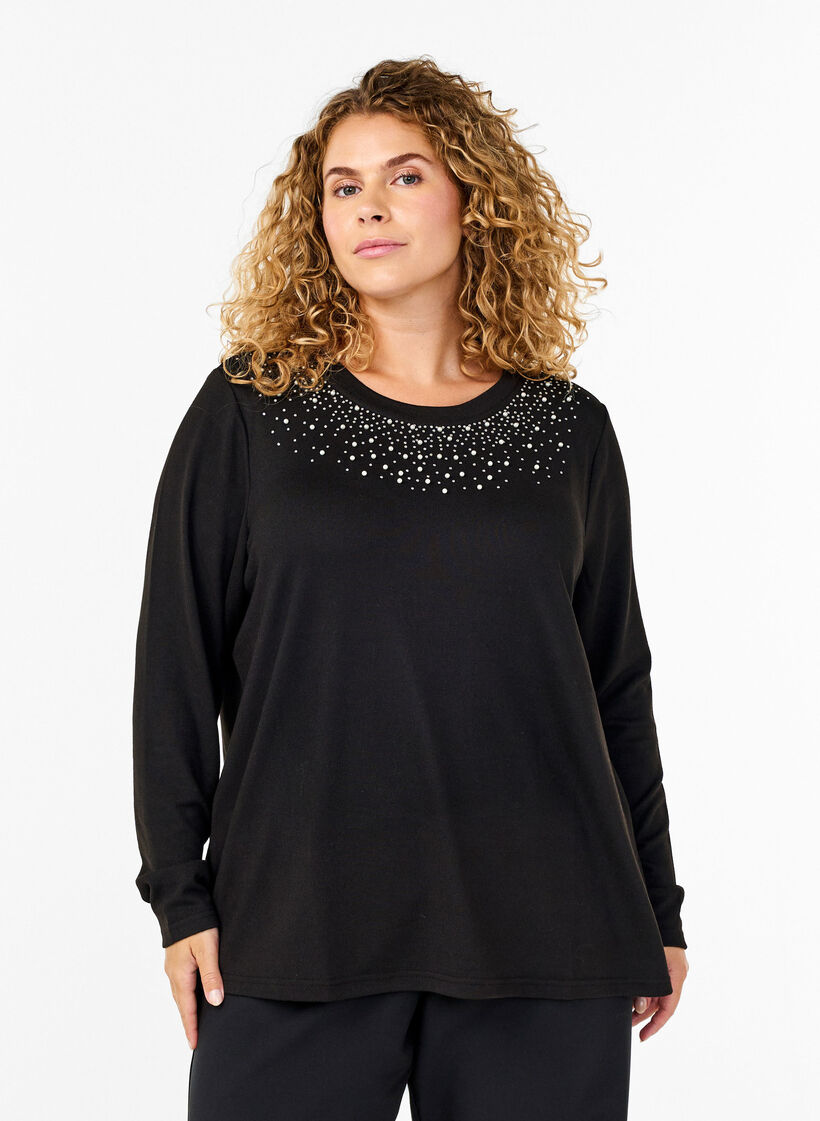 Blouse with pearl embellishment, Black, Model image number 0