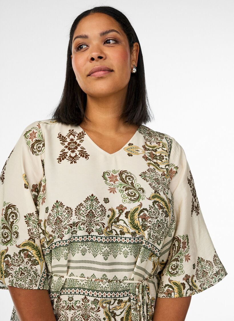 Patterned midi dress in viscose with tie belt, Green, Model image number 2