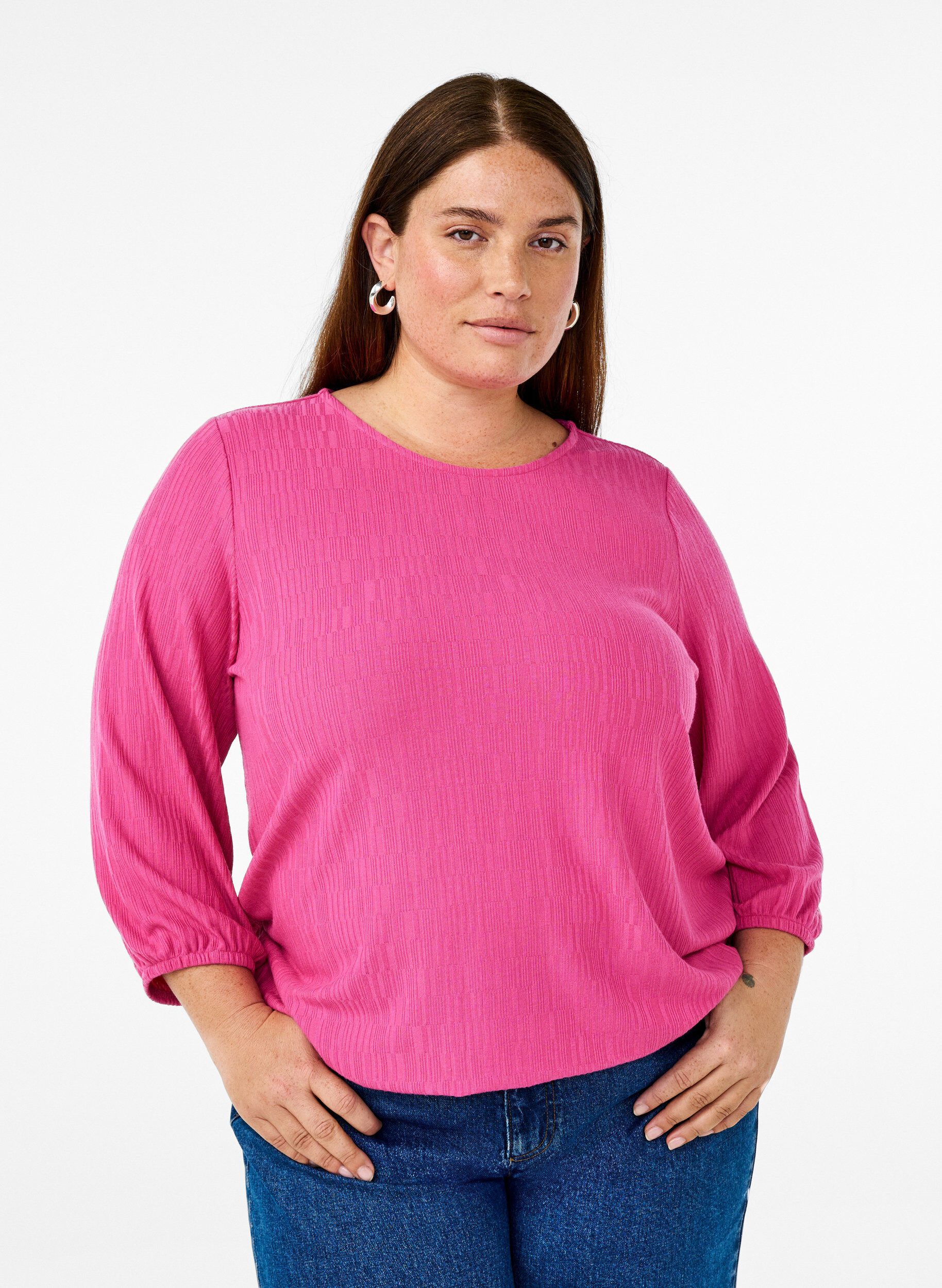 ZizzifashionBlouse with texture and 3/4 sleeves, Rose, Model image number 0