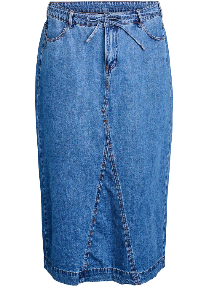 Denim maxi skirt with tie belt, Blue Denim, Packshot image number 0