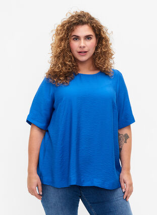 Blouse with half-length sleeves in viscose, Olympian Blue, Model image number 0