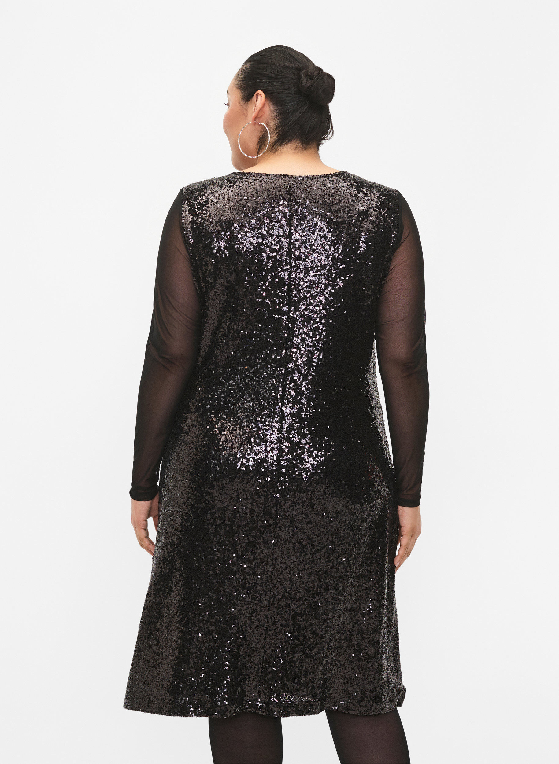 Zizzifashion A-line sequin dress with long sleeves, Black, Model image number 1