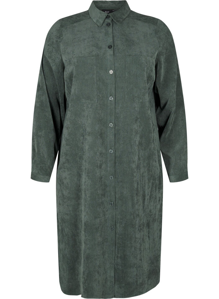Long corduroy shirt dress with buttons, Dark Forest, Packshot image number 0