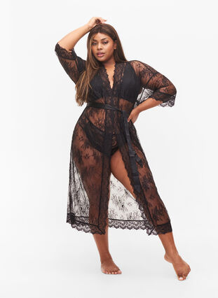Long lace dressing gown, Black, Model image number 0