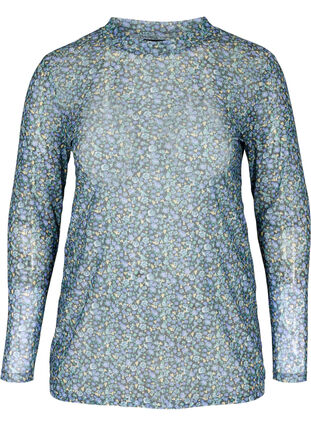 Mesh blouse with floral print, Black AOP, Packshot image number 0