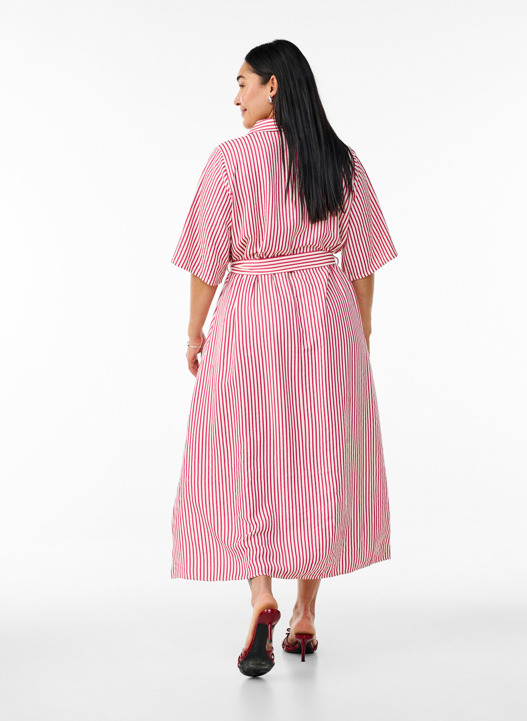 Zizzifashion Ankle-length shirt dress with tie belt and stripes, Pink, Model image number 1