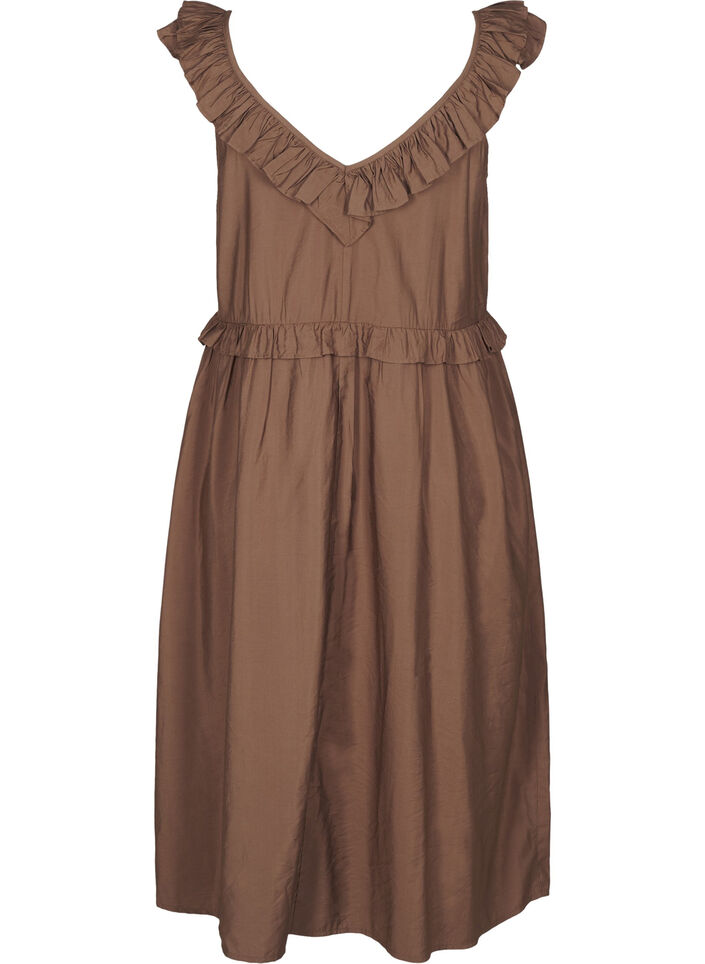 Sleeveless midi dress with ruffle details, Brown, Packshot image number 1
