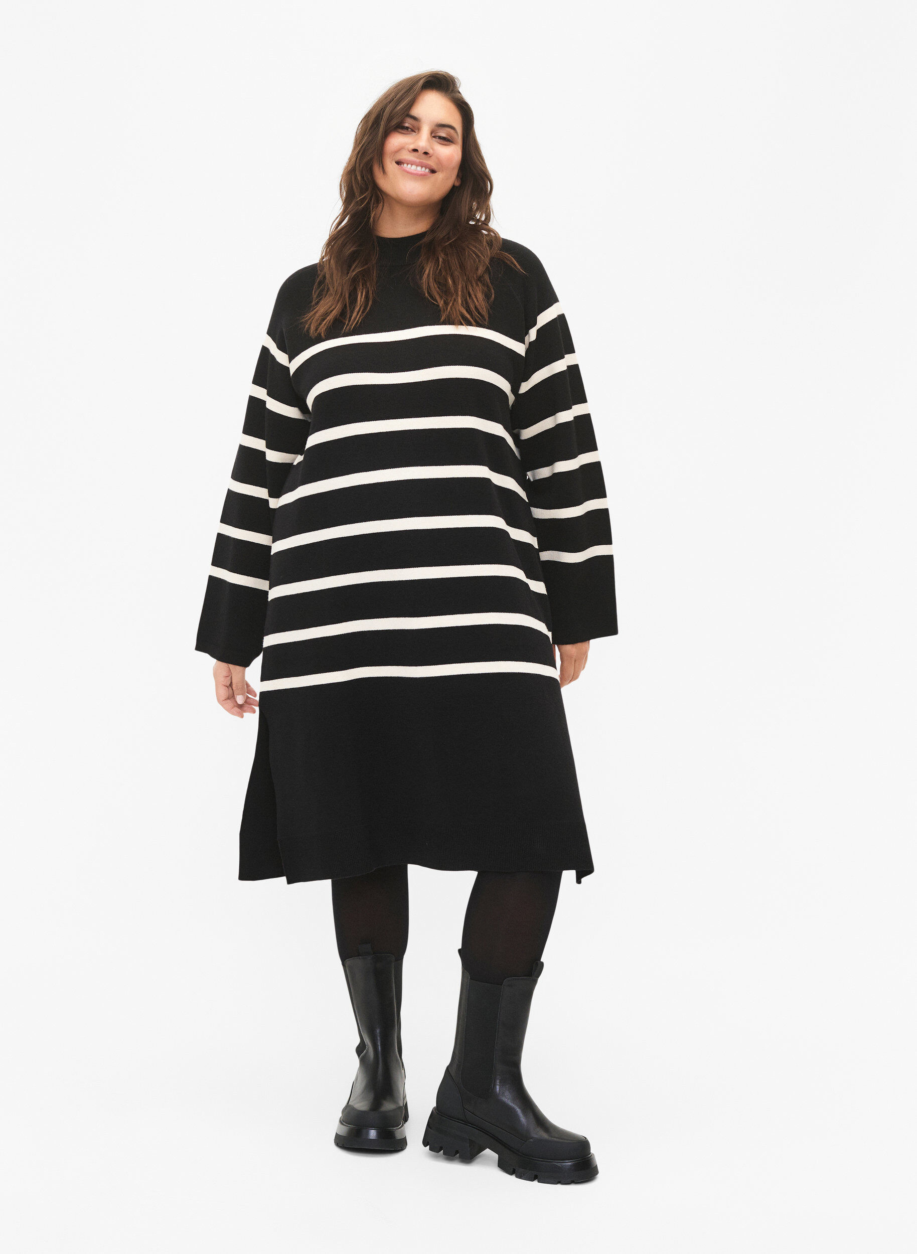 Zizzifashion Striped knit dress with turtleneck, Black Comb, Model image number 2