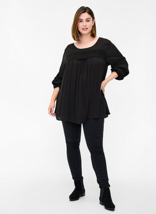 A-shape viscose blouse with lace, Black, Model image number 2
