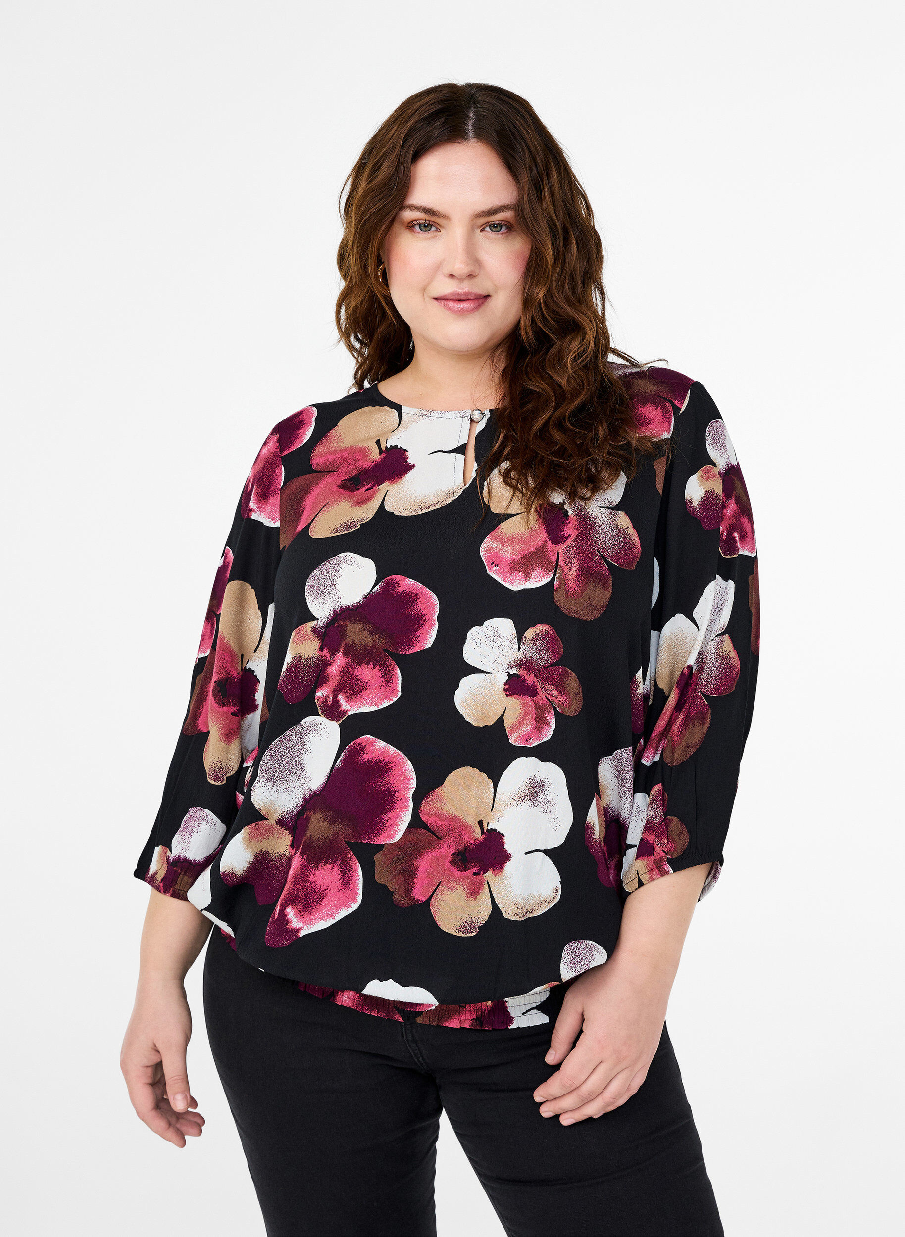 Zizzifashion Viscose blouse with print and smock, Black, Model image number 0