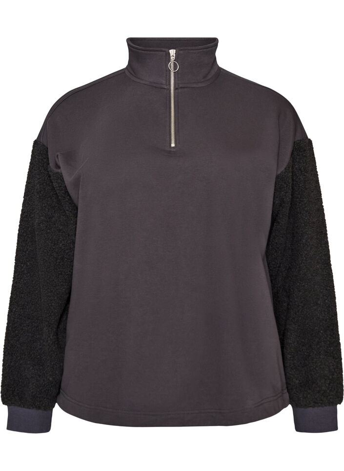 Sweatshirt with teddy sleeves and a high neck, Dark Grey, Packshot image number 0