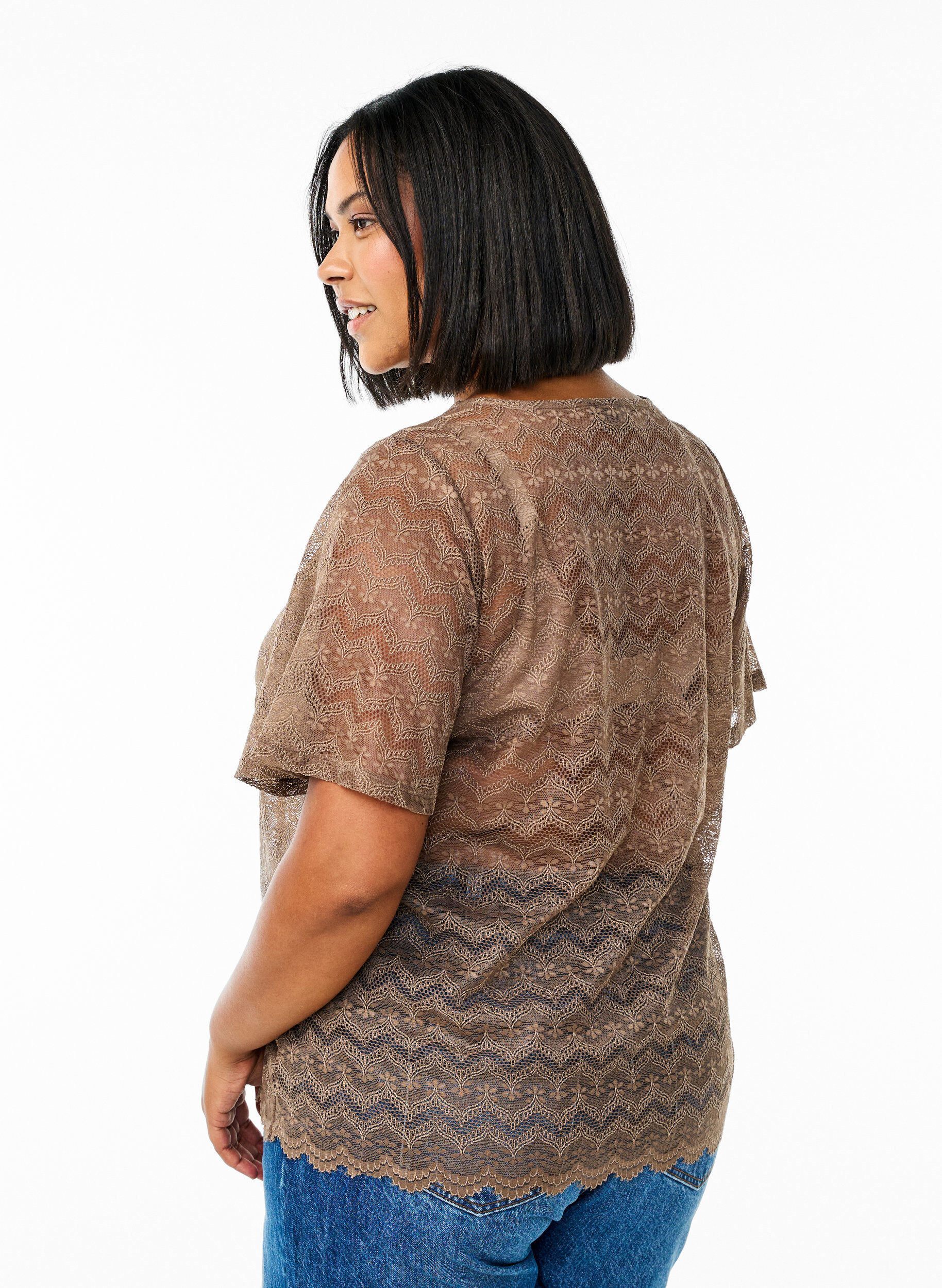 Zizzifashion Lace blouse with short sleeves and scalloped hem, Brown, Model image number 2