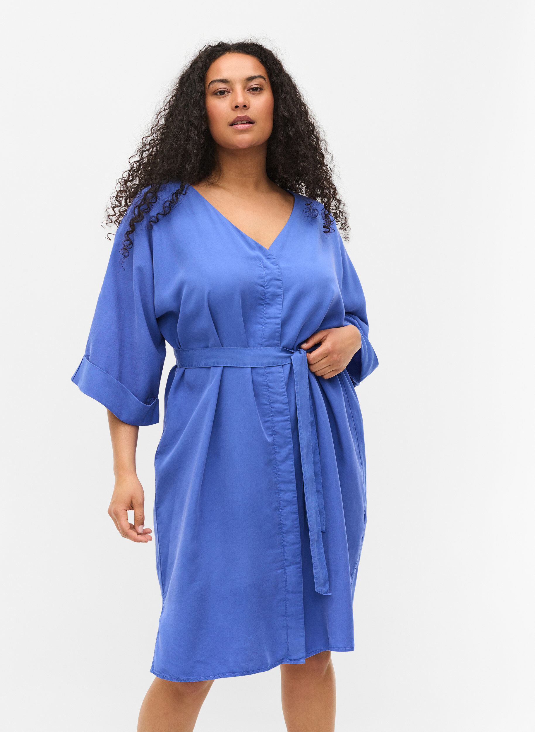 ZizzifashionDress with 3/4 sleeves and tie-belt, Blue, Model image number 0