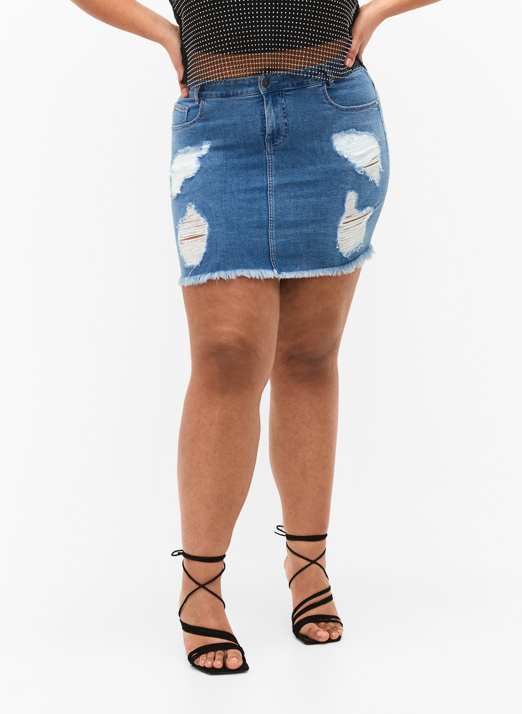 Zizzifashion Tight ripped denim skirt, Blue denim, Model image number 2