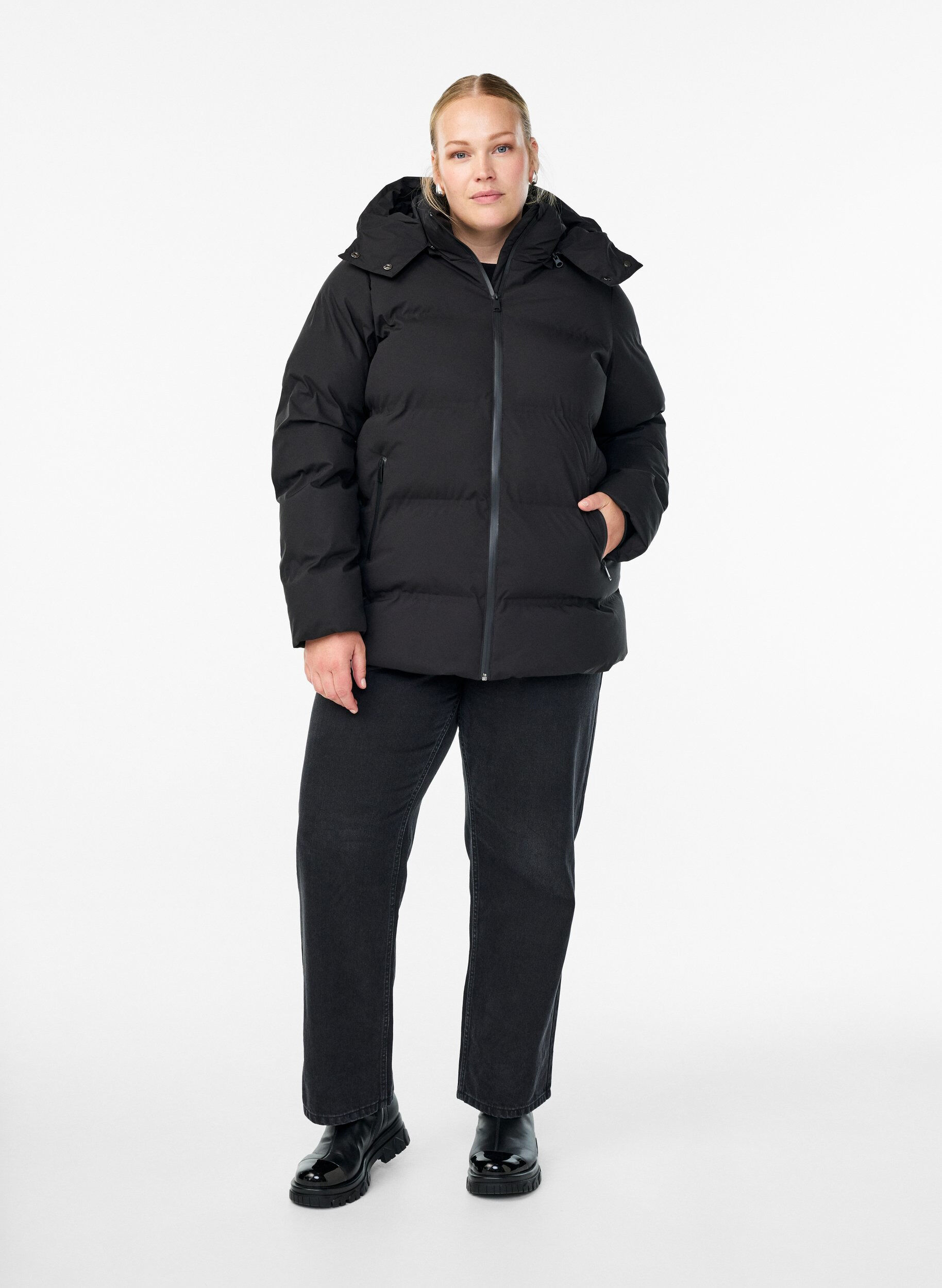 Zizzifashion Short puffer jacket with detachable hood, Black, Model image number 1