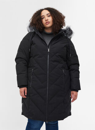 Winter jacket with removable hood and faux-fur collar, Black, Model image number 0
