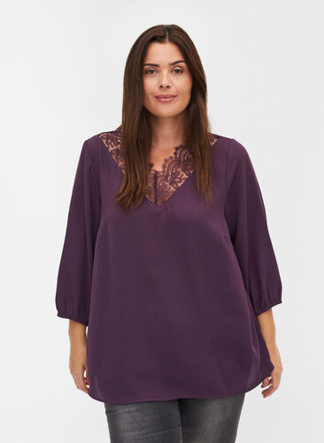 Solid-coloured 3/4 sleeve blouse with lace, Plum Perfect, Model image number 0