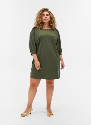 Solid-coloured tunic with 2/4 sleeves and pleated fold, Thyme, Model image number 3