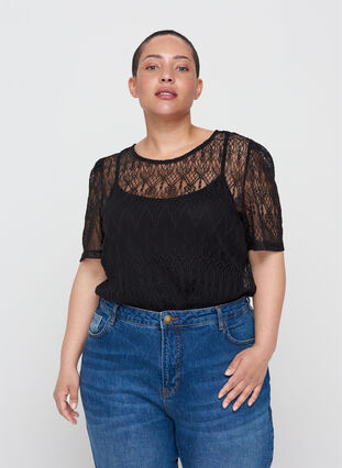 Lace blouse with short sleeves, Black, Model image number 0