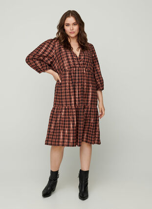 Checked cotton dress with a V-neck, Cocoa brown CHECK , Model image number 3