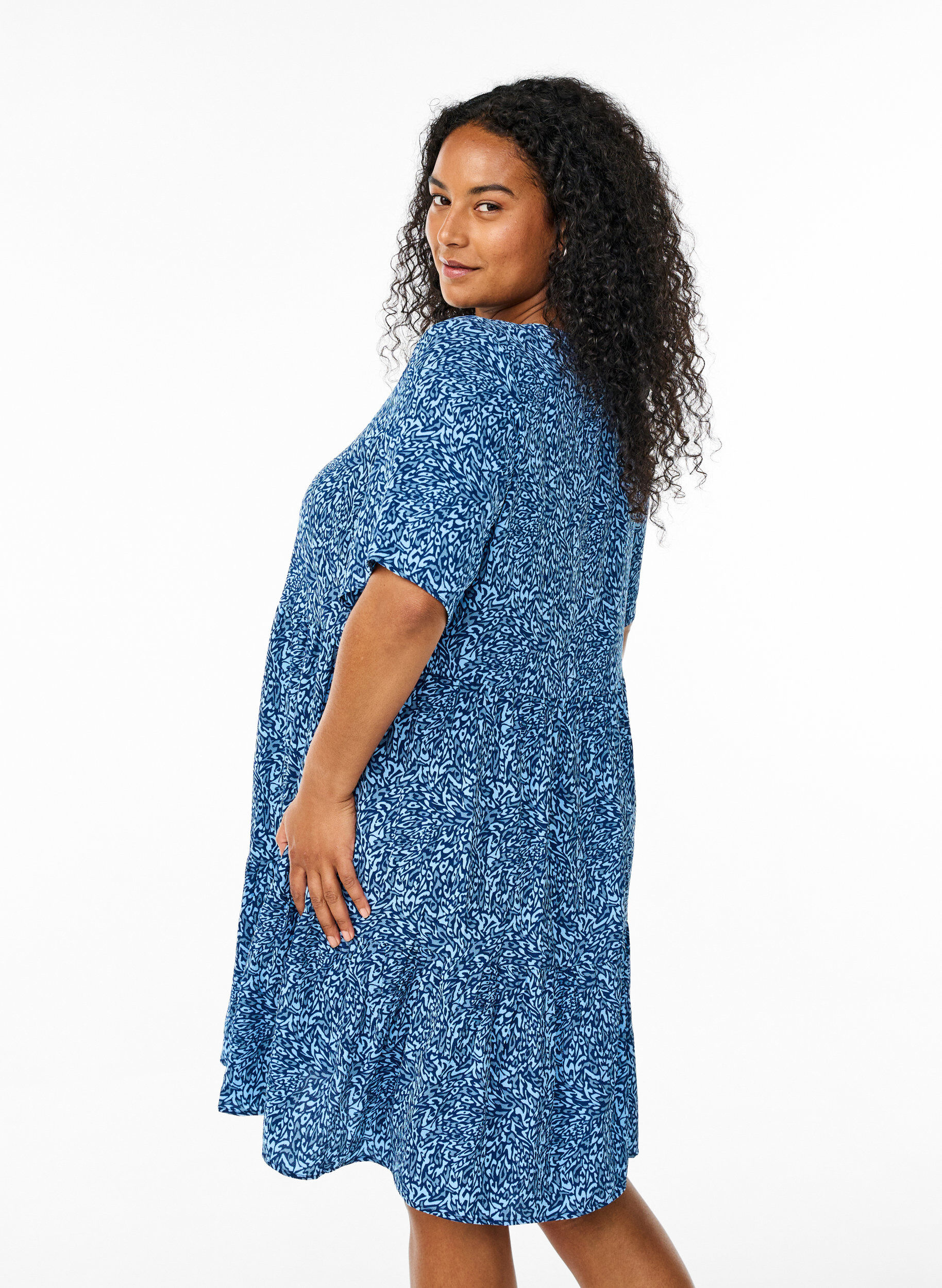 Zizzifashion Short sleeve dress with a-line and cutlines, Blue, Model image number 2
