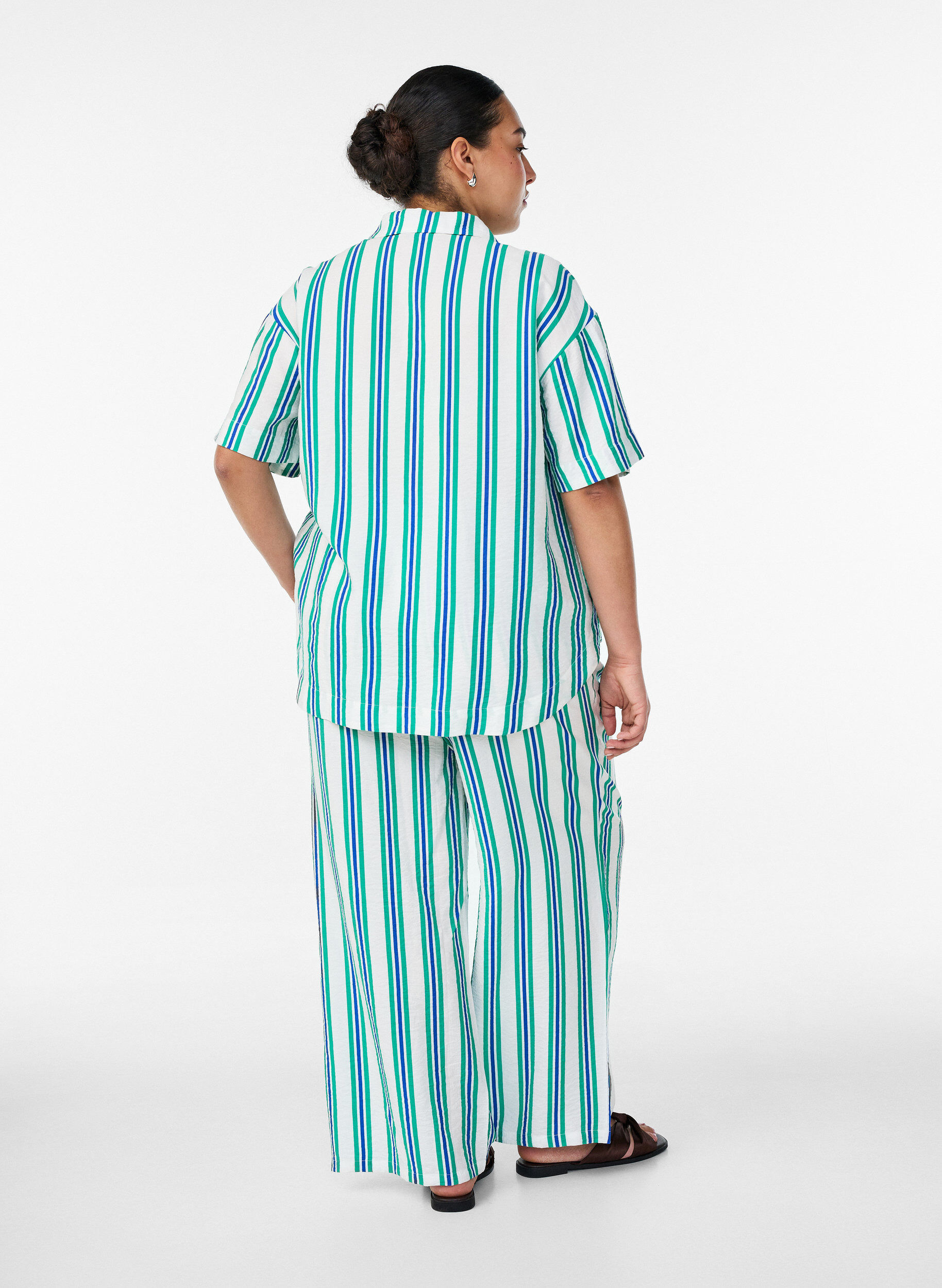 Zizzifashion Striped trousers with a high waist and wide legs, Vanilla, Model image number 2