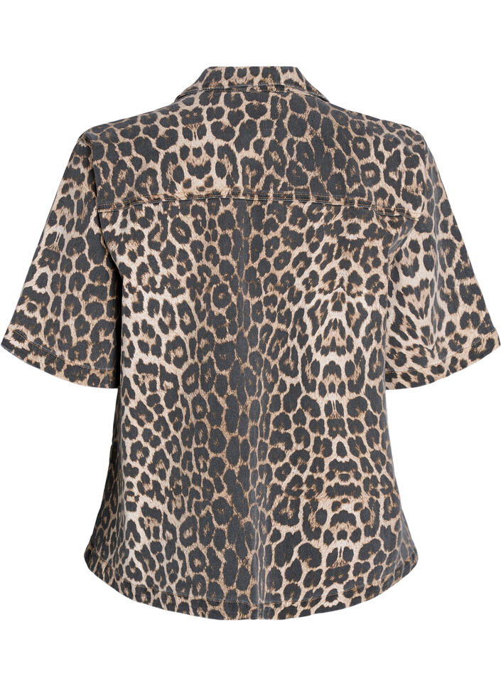 Leopard print denim blouse with collar and half sleeves, Brown, Packshot image number 1