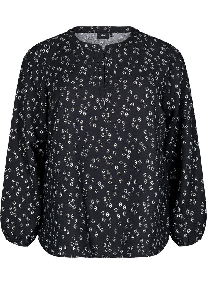 Long-sleeved blouse with pattern and buttons, Black, Packshot image number 0