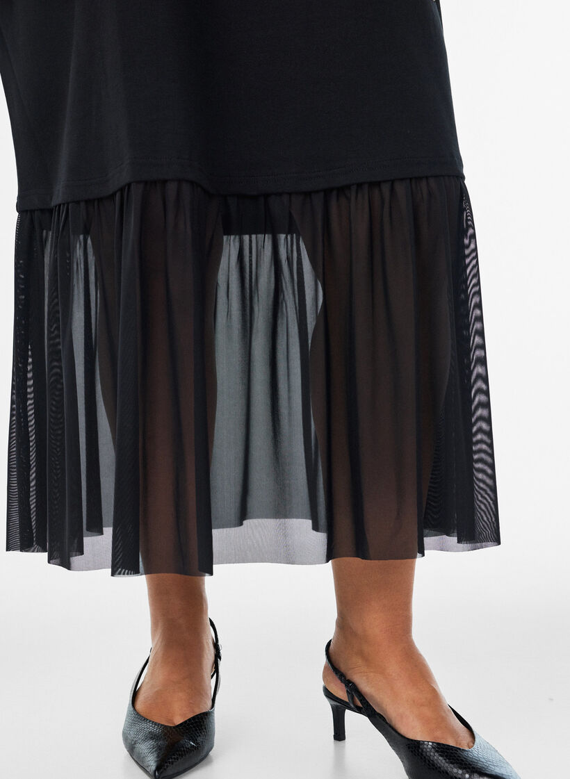 T-shirt dress with a sheer mesh hem, Black, Model image number 2